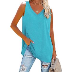 Fisoew Women Summer V Neck Long Tank Tops Oversized Sleeveless Basic Solid Color Shirts Loose Casual Tunic Tops(Light Blue)
