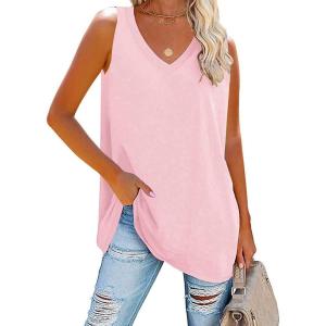Fisoew Women Summer V Neck Long Tank Tops Oversized Sleeveless Basic Solid Color Shirts Loose Casual Tunic Tops(Pink)