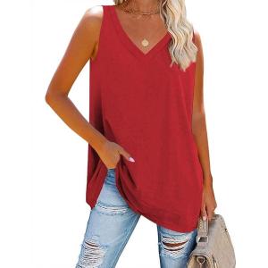 Fisoew Women Summer V Neck Long Tank Tops Oversized Sleeveless Basic Solid Color Shirts Loose Casual Tunic Tops(Red)