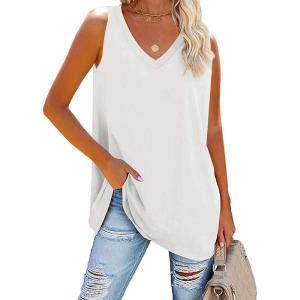 Fisoew Women Summer V Neck Long Tank Tops Oversized Sleeveless Basic Solid Color Shirts Loose Casual Tunic Tops(White)