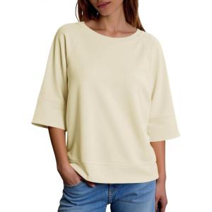 Fisoew Womens 3/4 Length Sleeve Tops Oversized Crewneck Sweatshirt Loose Fit Shirts Summer Casual Basic Boxy Tee(Beige)