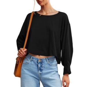 Fisoew Womens Long Sleeve Crop Tops Loose Fit Crew Neck Cropped T Shirts 2025 Casual Workout Tee Shirt Tops(Black)