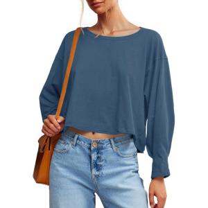 Fisoew Womens Long Sleeve Crop Tops Loose Fit Crew Neck Cropped T Shirts 2025 Casual Workout Tee Shirt Tops(Bluish Grey)