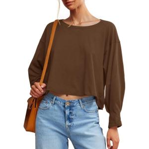 Fisoew Womens Long Sleeve Crop Tops Loose Fit Crew Neck Cropped T Shirts 2025 Casual Workout Tee Shirt Tops(Coffee)