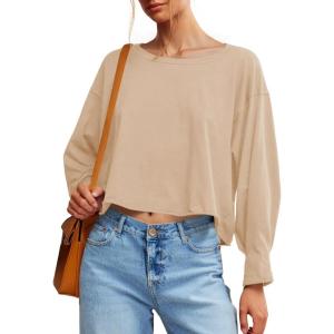 Fisoew Womens Long Sleeve Crop Tops Loose Fit Crew Neck Cropped T Shirts 2025 Casual Workout Tee Shirt Tops(Khaki)