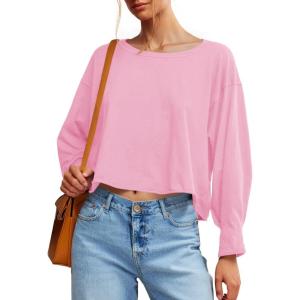 Fisoew Womens Long Sleeve Crop Tops Loose Fit Crew Neck Cropped T Shirts 2025 Casual Workout Tee Shirt Tops(Pink)