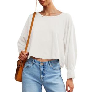 Fisoew Womens Long Sleeve Crop Tops Loose Fit Crew Neck Cropped T Shirts 2025 Casual Workout Tee Shirt Tops(White)