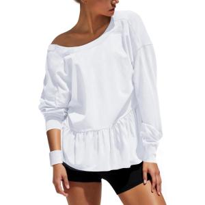 Fisoew Womens Long Sleeve Sweatshirts Crew Neck Peplum Crop Tops Casual Loose Fit Cutout Back Tee Shirts(White)