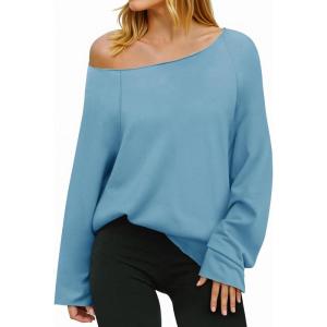 Fisoew Womens Off The Shoulder Tops Sweatshirts Lightweight Oversized Pullovers Long Sleeve Y2k Loose Fit Tunic Tops Blue