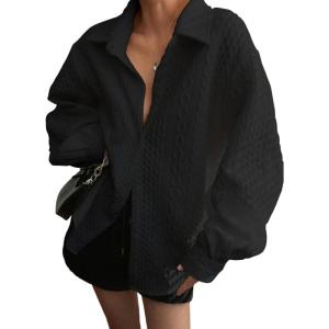 Fisoew Womens Oversized Button Down Shirts Textured Collared Long Sleeve Shacket Casual Fall Blouses Tops
