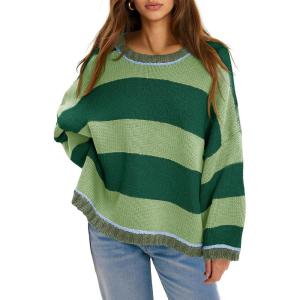 Fisoew Womens Oversized Sweaters Casual Long Sleeve Striped Color Block Crewneck Knitted Loose Fall Pullover Tops(Green)