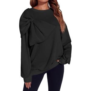 Fisoew Womens Oversized Sweatshirt Bow Tie Long Sleeve Crewneck Casual Fall Pullover Tops(Black)