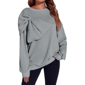 Fisoew Womens Oversized Sweatshirt Bow Tie Long Sleeve Crewneck Casual Fall Pullover Tops(Grey)