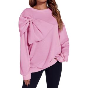 Fisoew Womens Oversized Sweatshirt Bow Tie Long Sleeve Crewneck Casual Fall Pullover Tops(Pink)