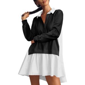 Fisoew Womens Oversized Sweatshirt Dress Long Sleeve V Neck Patchwork Casual Pullover Tops Loose Fit Mini Dresses(Black White)