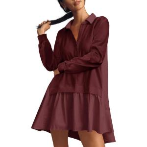 Fisoew Womens Oversized Sweatshirt Dress Long Sleeve V Neck Patchwork Casual Pullover Tops Loose Fit Mini Dresses(Burgundy)