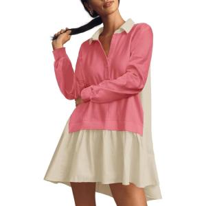Fisoew Womens Oversized Sweatshirt Dress Long Sleeve V Neck Patchwork Casual Pullover Tops Loose Fit Mini Dresses(Watermelon Red)