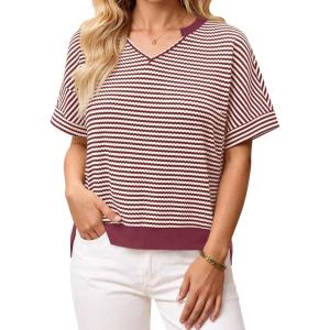 Fisoew Womens Short Sleeve Sweater Summer V Neck Striped Pullover Tops Casual High Low Loose Slit Cropped T Shirts Red