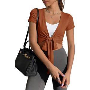 Fisoew Womens Wrap Tie Tops Short Sleeve Ballet Pilates Yoga Crop Shirts Y2k Workout Deep V Neck Casual Wrap Tops(Brown)