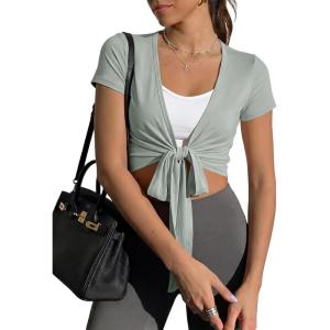 Fisoew Womens Wrap Tie Tops Short Sleeve Ballet Pilates Yoga Crop Shirts Y2k Workout Deep V Neck Casual Wrap Tops(Grey)