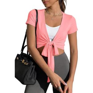 Fisoew Womens Wrap Tie Tops Short Sleeve Ballet Pilates Yoga Crop Shirts Y2k Workout Deep V Neck Casual Wrap Tops(Pink)