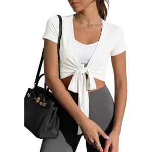 Fisoew Womens Wrap Tie Tops Short Sleeve Ballet Pilates Yoga Crop Shirts Y2k Workout Deep V Neck Casual Wrap Tops(White)