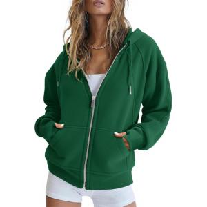 Fisoew Womens Zip Up Sweatshirts Fleece Lined Collar Crop Hoodie Casual Cotton Long Sleeve Tops with Thumb Hole(1 – Green)