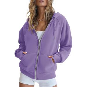 Fisoew Womens Zip Up Sweatshirts Fleece Lined Collar Crop Hoodie Casual Cotton Long Sleeve Tops with Thumb Hole(1 – Purple)