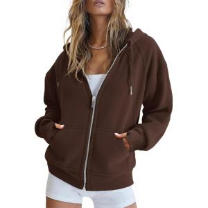 Fisoew Womens Zip Up Sweatshirts Fleece Lined Collar Crop Hoodie Casual Cotton Long Sleeve Tops with Thumb Hole(Dark Brown)