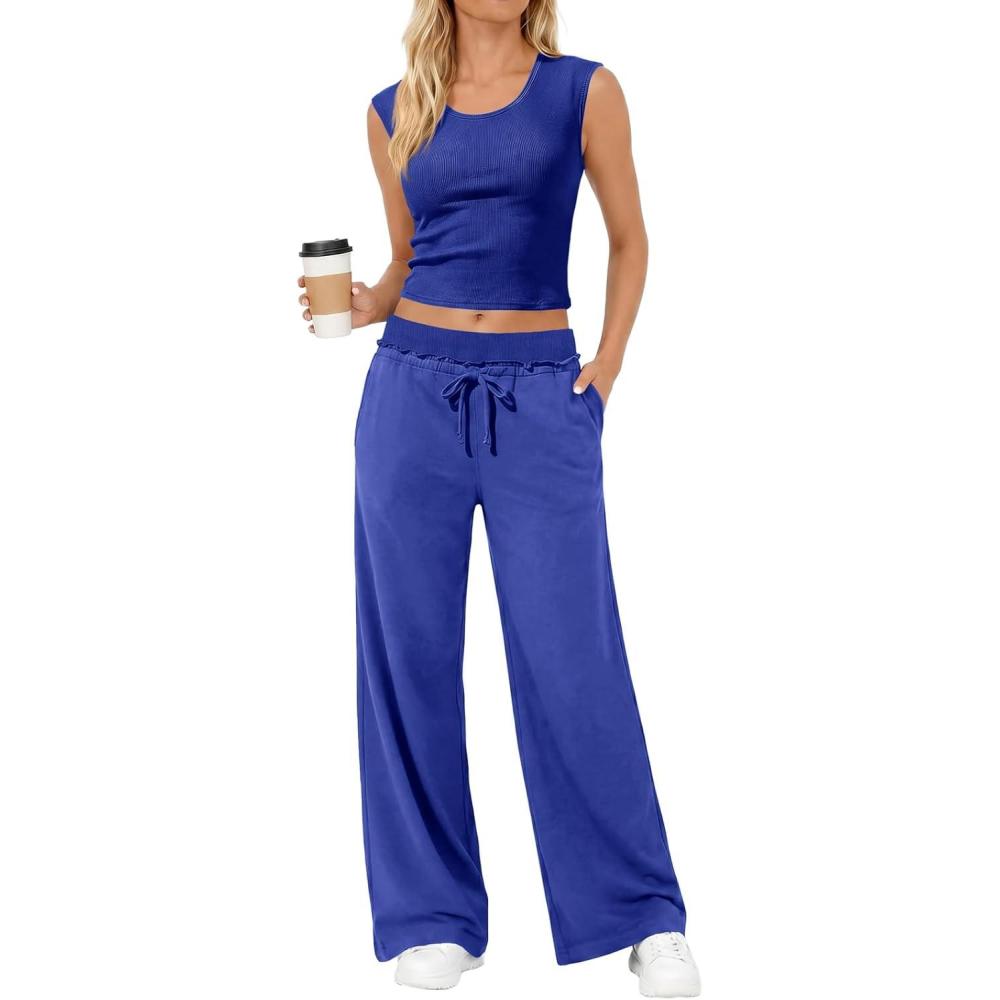 image:imageFisoew Womens 2 Piece Lounge Sets Crop Tank Tops Wide Leg Pants Matching Sets Travel Airport Summer Spring OutfitsBlue