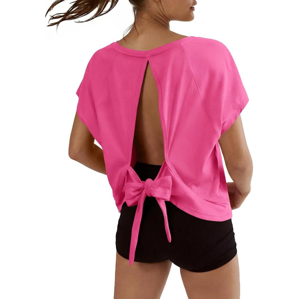 image:imageFisoew Womens Open Back Workout Crop Tops V Neck Short Sleeve Athletic Shirts Tie Back Oversized Gym Running Yoga TeeRose Red
