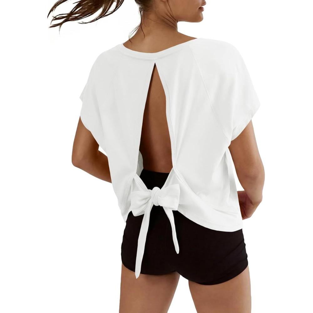 image:imageFisoew Womens Open Back Workout Crop Tops V Neck Short Sleeve Athletic Shirts Tie Back Oversized Gym Running Yoga TeeWhite