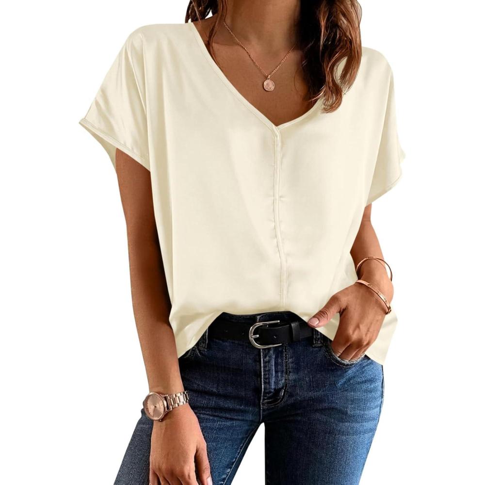image:imageFisoew Womens Silk Satin Blouses Cap Short Sleeve Dressy Casual Tops V Neck Summer Business Work Office ShirtsBeige