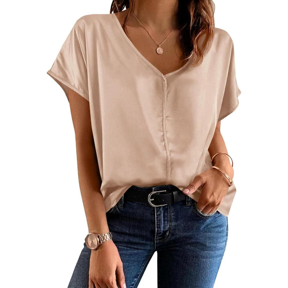 image:imageFisoew Womens Silk Satin Blouses Cap Short Sleeve Dressy Casual Tops V Neck Summer Business Work Office ShirtsChampagne