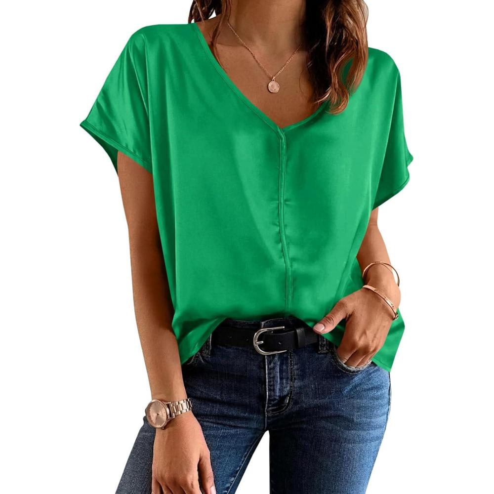 image:imageFisoew Womens Silk Satin Blouses Cap Short Sleeve Dressy Casual Tops V Neck Summer Business Work Office ShirtsGreen
