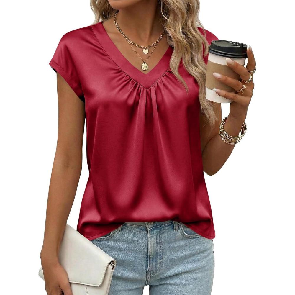 image:imageFisoew Womens Silk Satin Tops Summer Short Sleeve Blouse V Neck Shirts Loose Business Dressy Casual Office Work OutfitsBurgundy