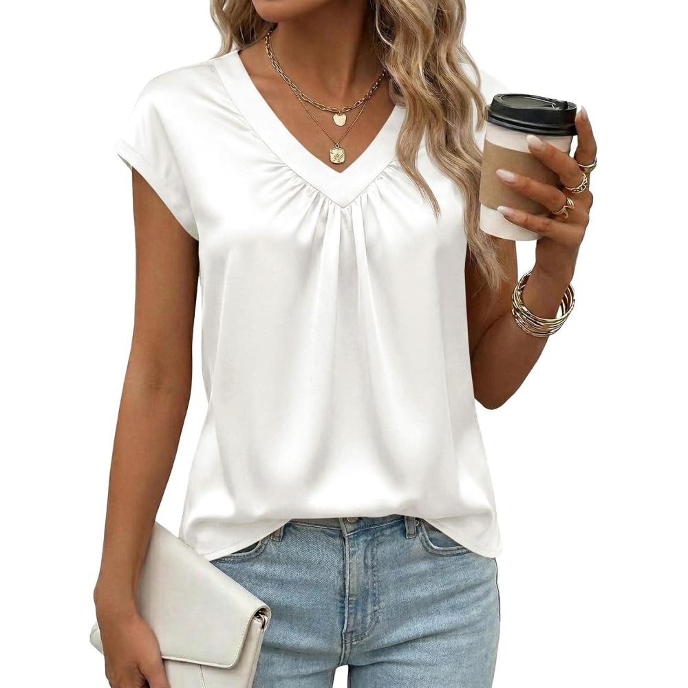 image:imageFisoew Womens Silk Satin Tops Summer Short Sleeve Blouse V Neck Shirts Loose Business Dressy Casual Office Work OutfitsWhite