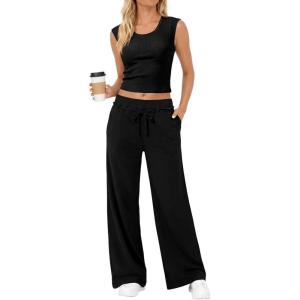 Fisoew Womens 2 Piece Lounge Sets Crop Tank Tops Wide Leg Pants Matching Sets Travel Airport Summer Spring Outfits(Black)