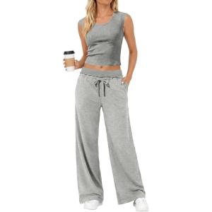 Fisoew Womens 2 Piece Lounge Sets Crop Tank Tops Wide Leg Pants Matching Sets Travel Airport Summer Spring Outfits(Grey)