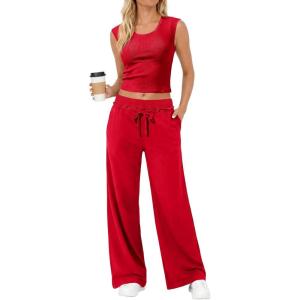 Fisoew Womens 2 Piece Lounge Sets Crop Tank Tops Wide Leg Pants Matching Sets Travel Airport Summer Spring Outfits(Red)