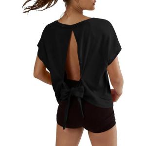 Fisoew Womens Open Back Workout Crop Tops V Neck Short Sleeve Athletic Shirts Tie Back Oversized Gym Running Yoga Tee(Black)