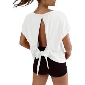 Fisoew Womens Open Back Workout Crop Tops V Neck Short Sleeve Athletic Shirts Tie Back Oversized Gym Running Yoga Tee(White)