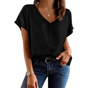 Fisoew Womens Silk Satin Blouses Cap Short Sleeve Dressy Casual Tops V Neck Summer Business Work Office Shirts(Black)