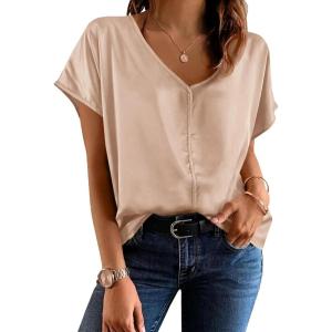 Fisoew Womens Silk Satin Blouses Cap Short Sleeve Dressy Casual Tops V Neck Summer Business Work Office Shirts(Champagne)