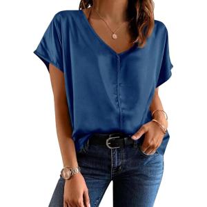 Fisoew Womens Silk Satin Blouses Cap Short Sleeve Dressy Casual Tops V Neck Summer Business Work Office Shirts(Dark Blue)