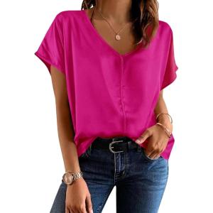 Fisoew Womens Silk Satin Blouses Cap Short Sleeve Dressy Casual Tops V Neck Summer Business Work Office Shirts(Rose Red)