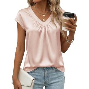 Fisoew Womens Silk Satin Tops Summer Short Sleeve Blouse V Neck Shirts Loose Business Dressy Casual Office Work Outfits(Apricot)