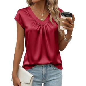 Fisoew Womens Silk Satin Tops Summer Short Sleeve Blouse V Neck Shirts Loose Business Dressy Casual Office Work Outfits(Burgundy)