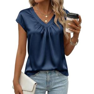 Fisoew Womens Silk Satin Tops Summer Short Sleeve Blouse V Neck Shirts Loose Business Dressy Casual Office Work Outfits(Navy)