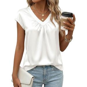 Fisoew Womens Silk Satin Tops Summer Short Sleeve Blouse V Neck Shirts Loose Business Dressy Casual Office Work Outfits(White)